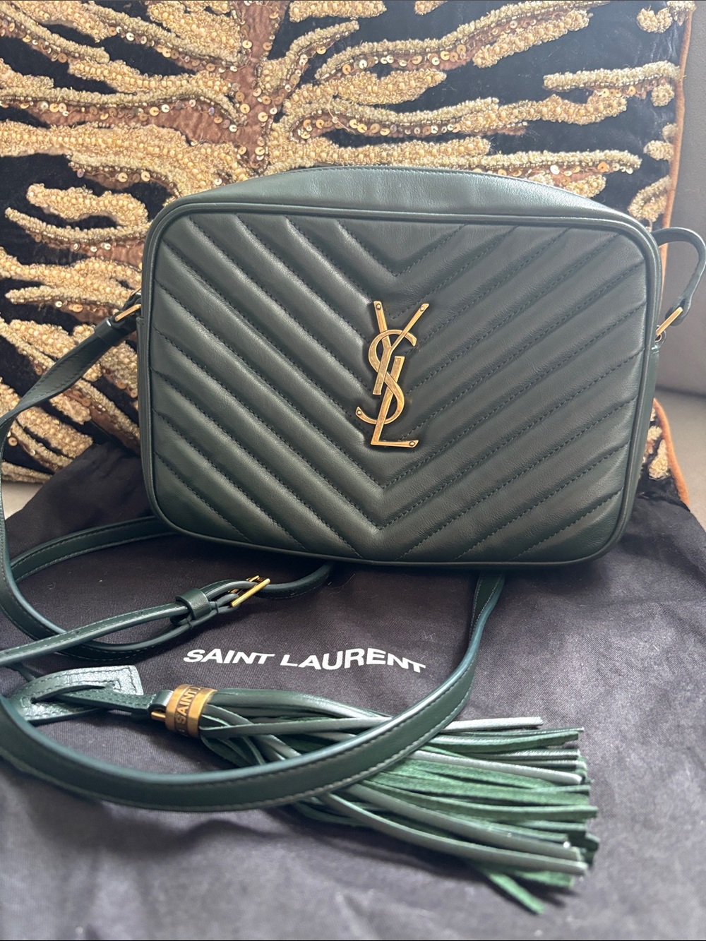 Yves Saint Laurent Dark Green Quilted Camera Bag with Gold YSL Logo and Tassel